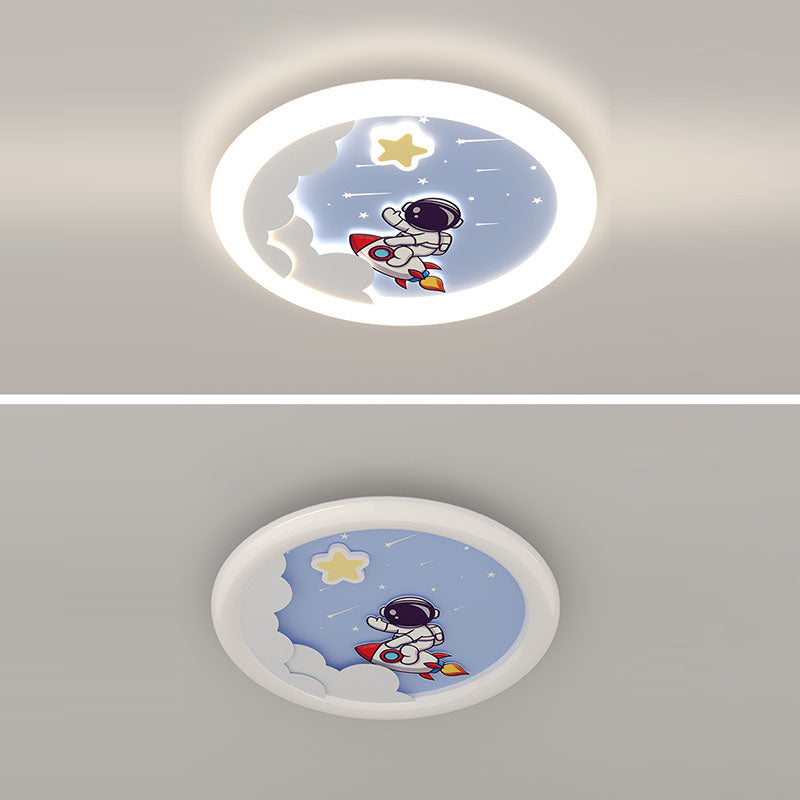 Modern Art Deco Kids Sky Spaceman Round PE Iron LED Flush Mount Ceiling Light For Bedroom