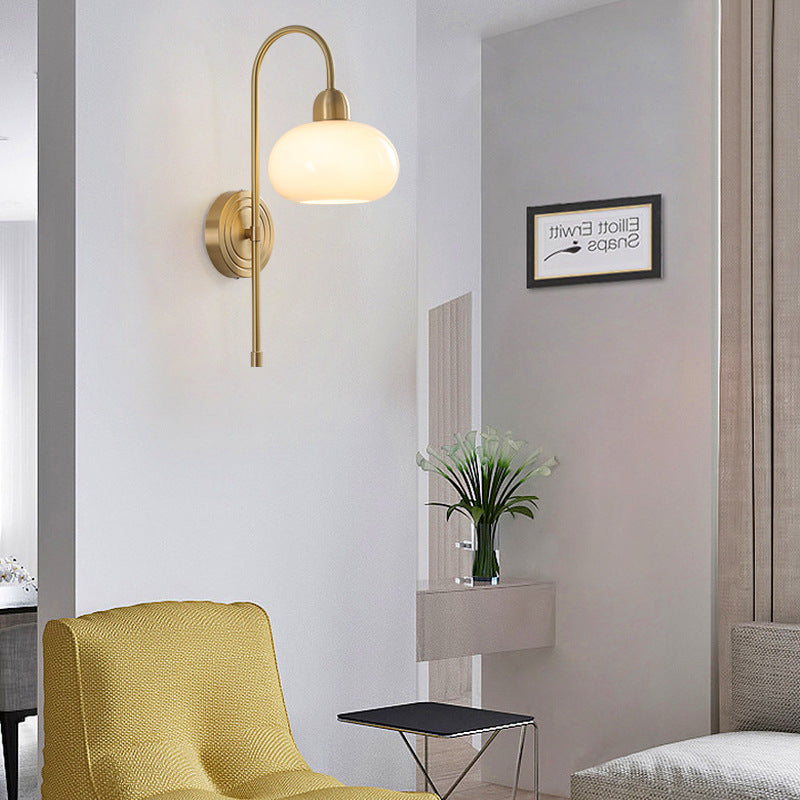 Contemporary Scandinavian Persimmon Shape Round Glass Brass 1-Light Wall Sconce Lamp For Living Room