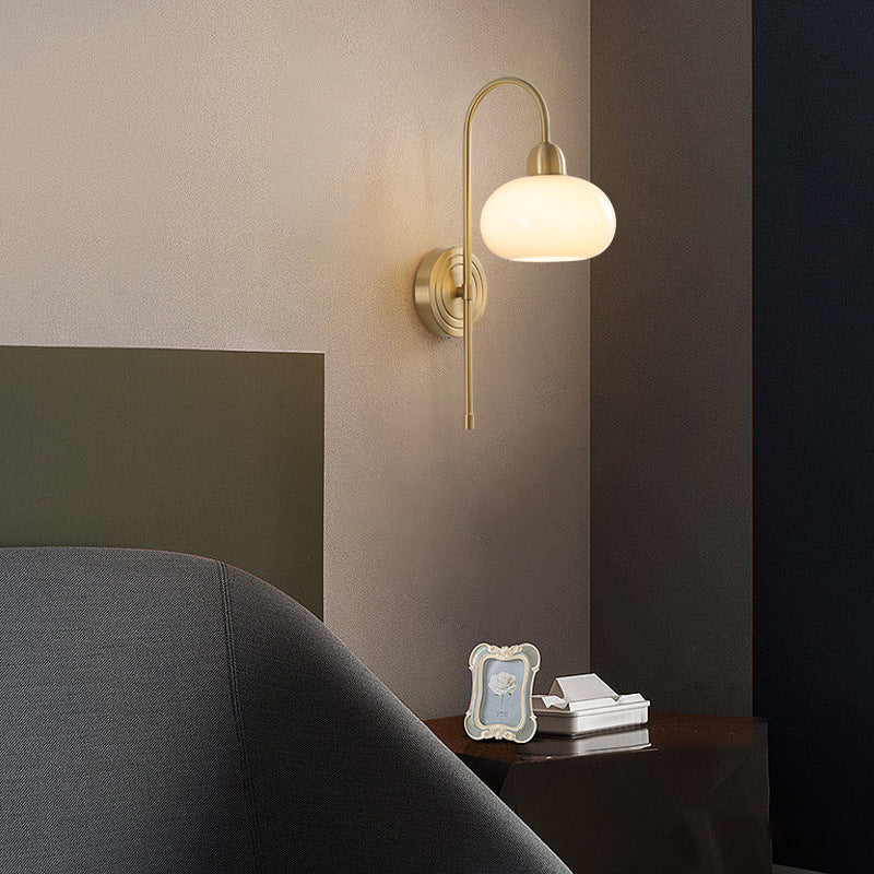 Contemporary Scandinavian Persimmon Shape Round Glass Brass 1-Light Wall Sconce Lamp For Living Room