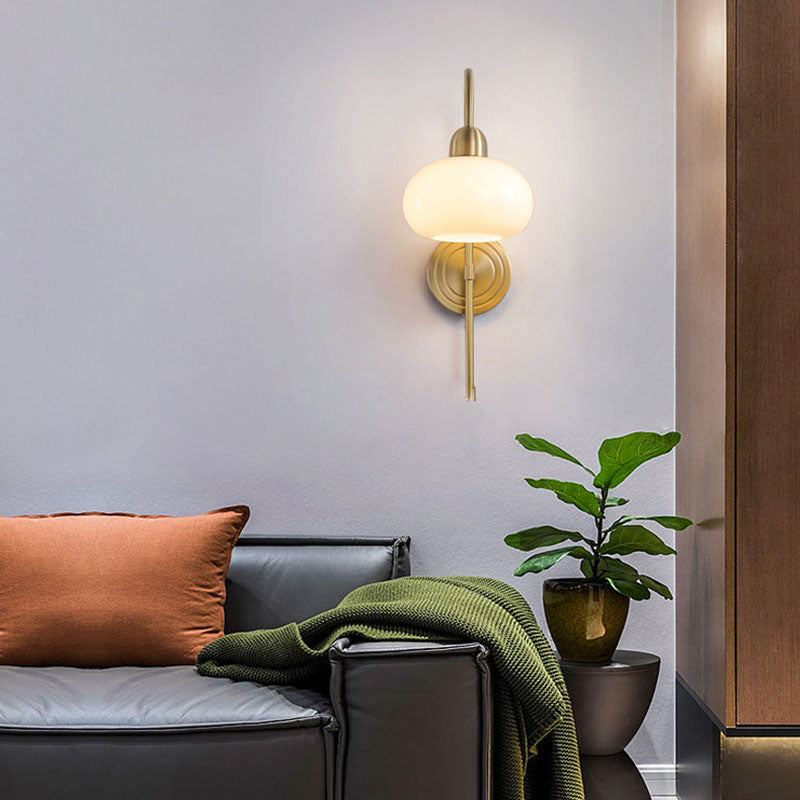 Contemporary Scandinavian Persimmon Shape Round Glass Brass 1-Light Wall Sconce Lamp For Living Room