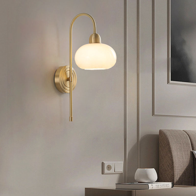 Contemporary Scandinavian Persimmon Shape Round Glass Brass 1-Light Wall Sconce Lamp For Living Room