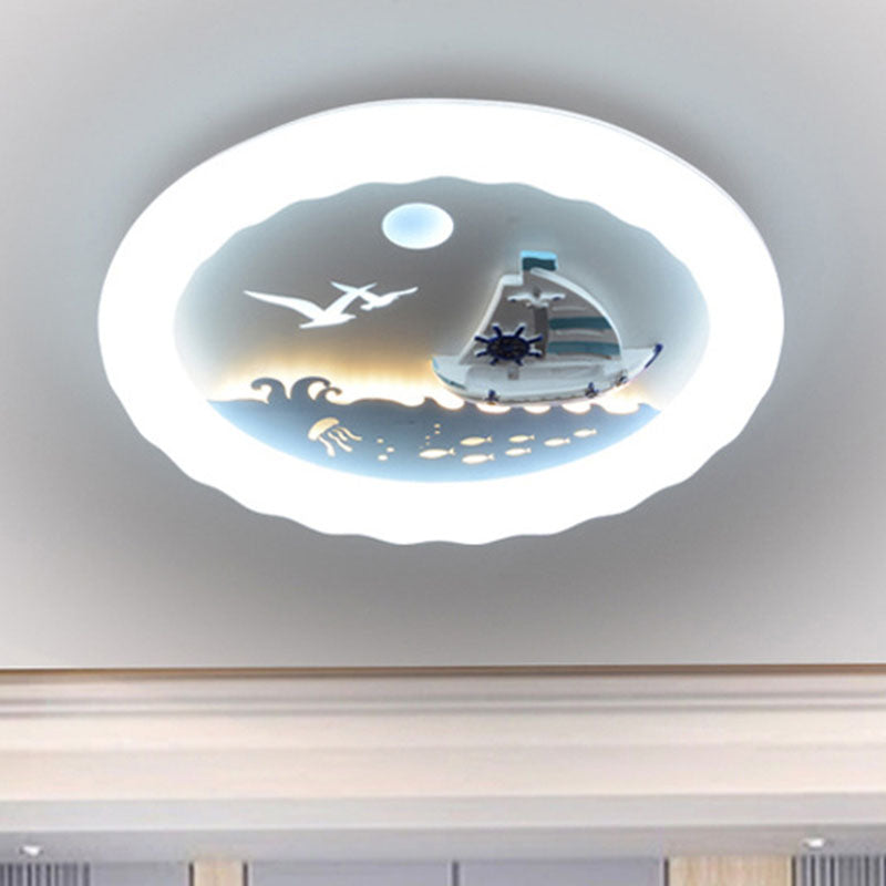 Modern Art Deco Kids Round Sailboat Seagull Acrylic Iron LED Mount Ceiling Light For Bedroom