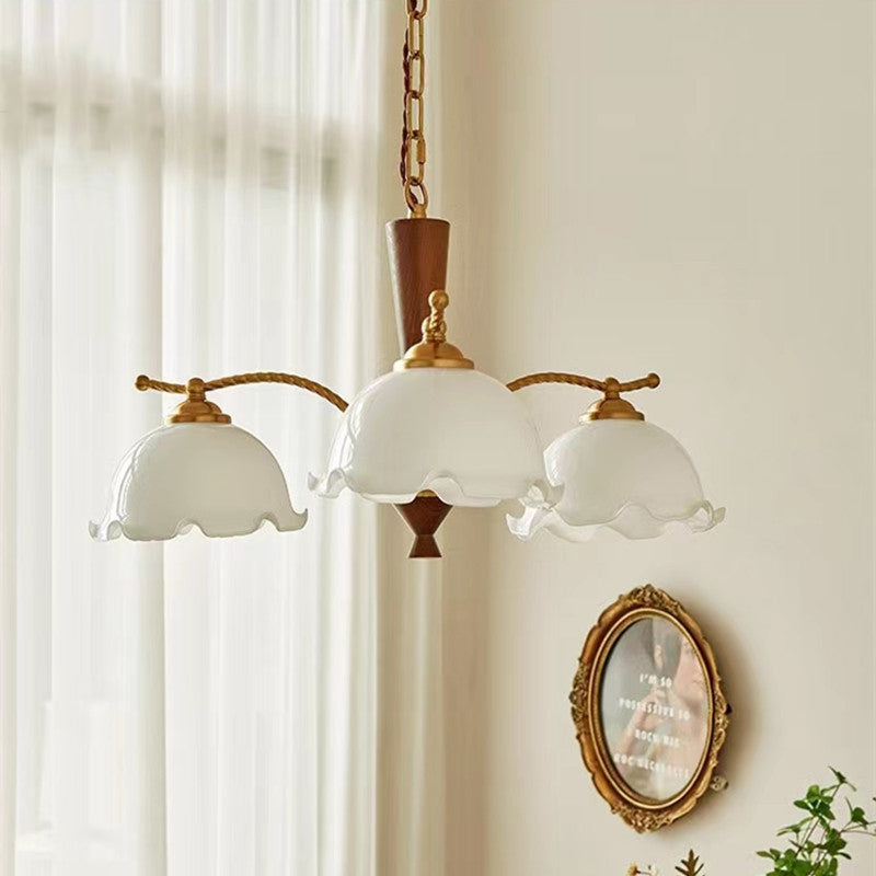 Traditional Vintage Floral Branch Curved Glass Wood Brass 3/5 Light Chandelier For Living Room
