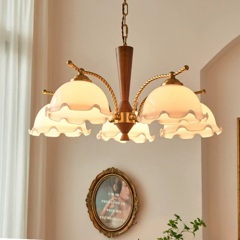 Traditional Vintage Floral Branch Curved Glass Wood Brass 3/5 Light Chandelier For Living Room