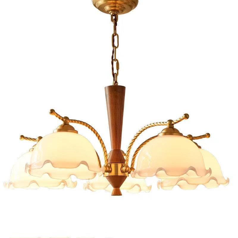 Traditional Vintage Floral Branch Curved Glass Wood Brass 3/5 Light Chandelier For Living Room