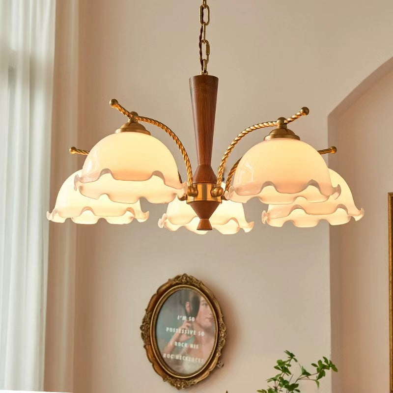 Traditional Vintage Floral Branch Curved Glass Wood Brass 3/5 Light Chandelier For Living Room