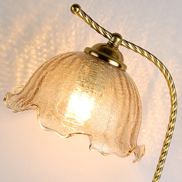 Traditional Vintage Floral Oval Curved Glass Walnut Iron 1-Light Table Lamp For Living Room