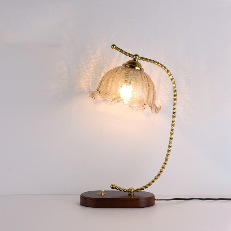 Traditional Vintage Floral Oval Curved Glass Walnut Iron 1-Light Table Lamp For Living Room