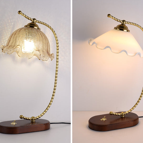 Traditional Vintage Floral Oval Curved Glass Walnut Iron 1-Light Table Lamp For Living Room