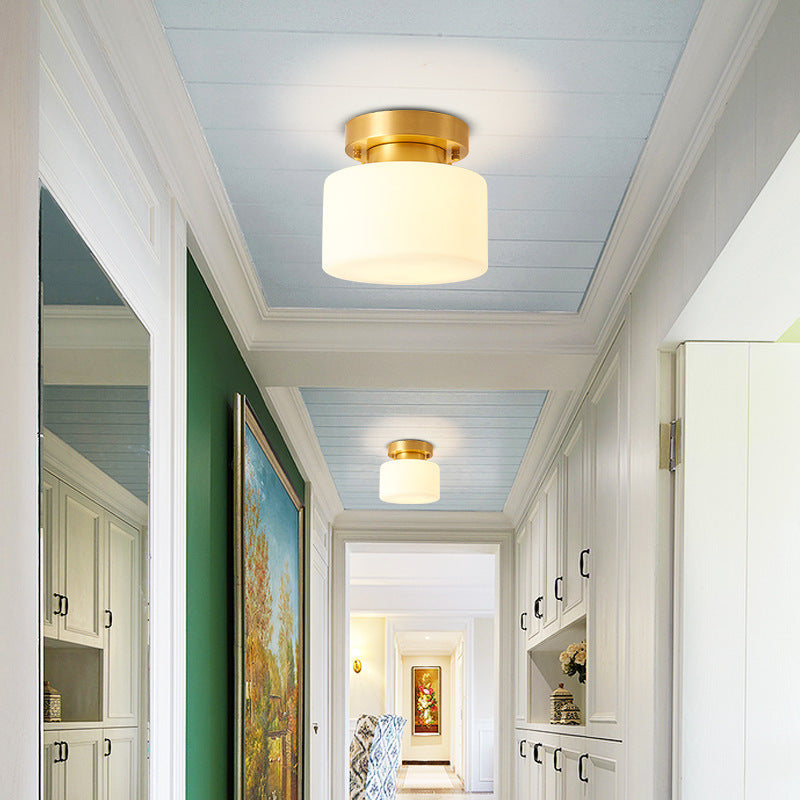 Contemporary Scandinavian Cylinder Round Glass Copper 1-Light Semi-Flush Mount Ceiling Light For Bedroom