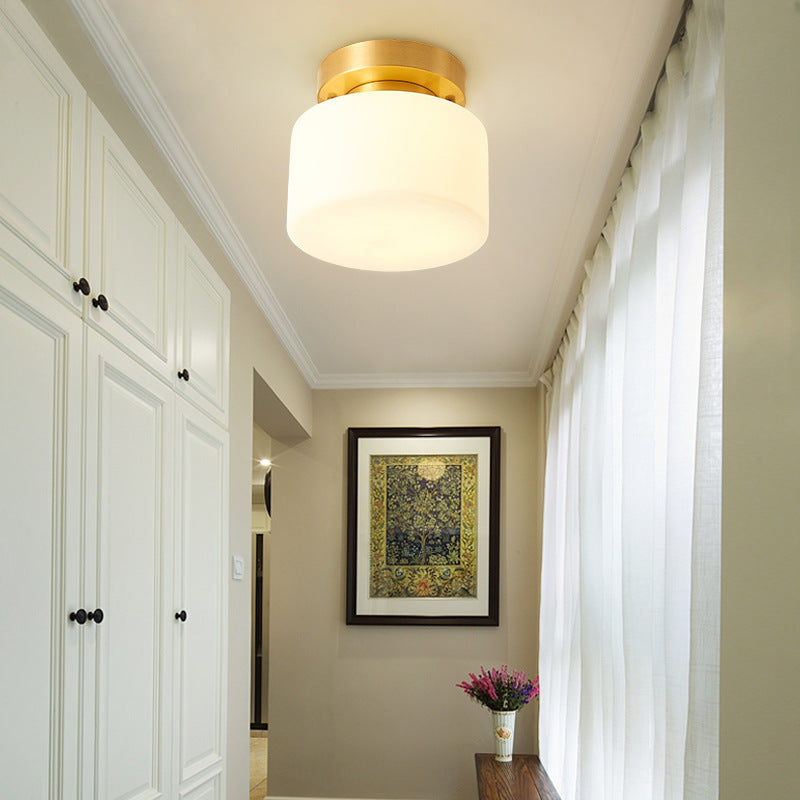 Contemporary Scandinavian Cylinder Round Glass Copper 1-Light Semi-Flush Mount Ceiling Light For Bedroom