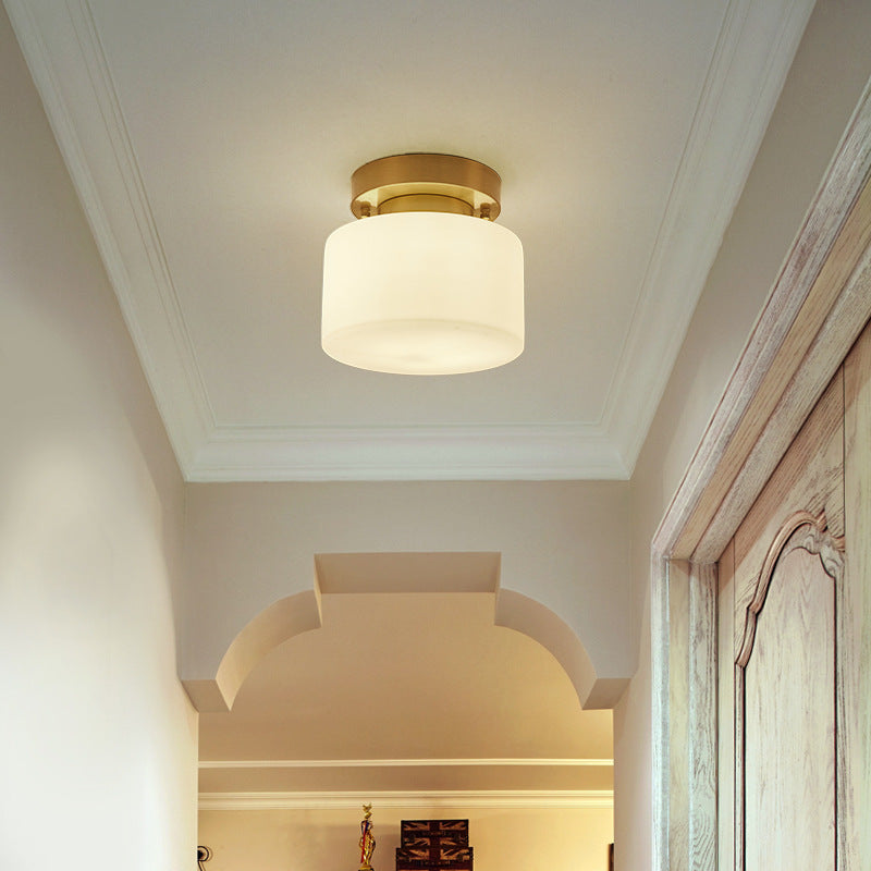 Contemporary Scandinavian Cylinder Round Glass Copper 1-Light Semi-Flush Mount Ceiling Light For Bedroom