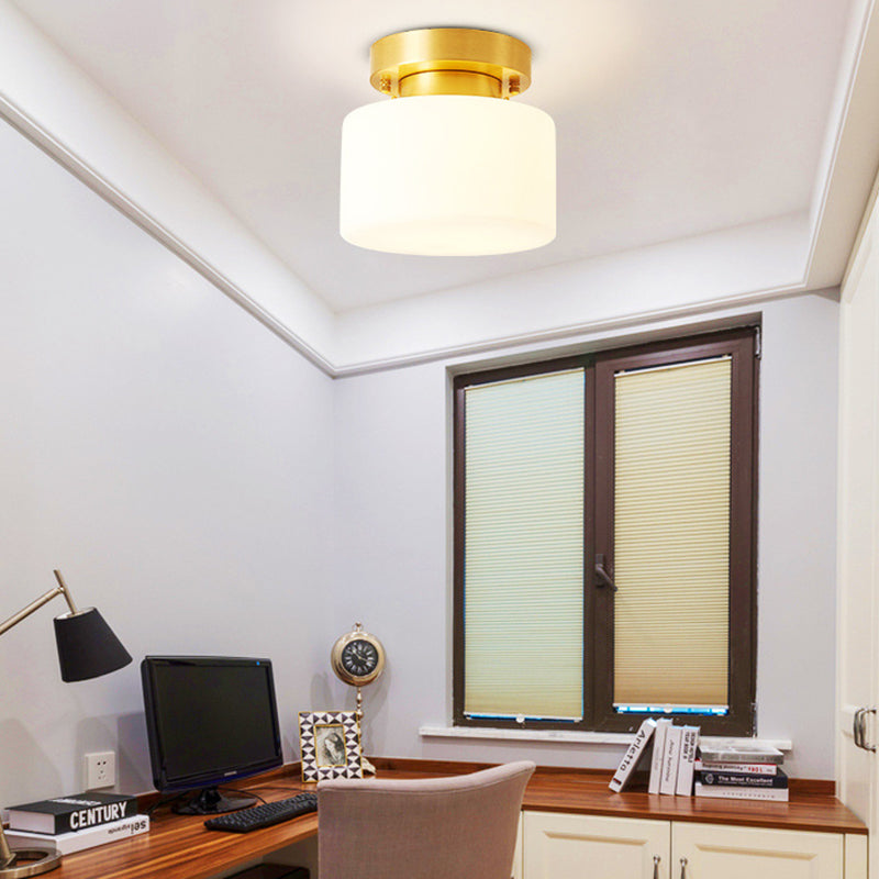 Contemporary Scandinavian Cylinder Round Glass Copper 1-Light Semi-Flush Mount Ceiling Light For Bedroom
