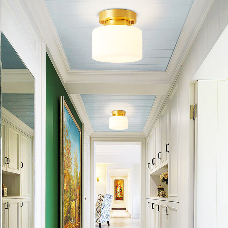 Contemporary Scandinavian Cylinder Round Glass Copper 1-Light Semi-Flush Mount Ceiling Light For Bedroom