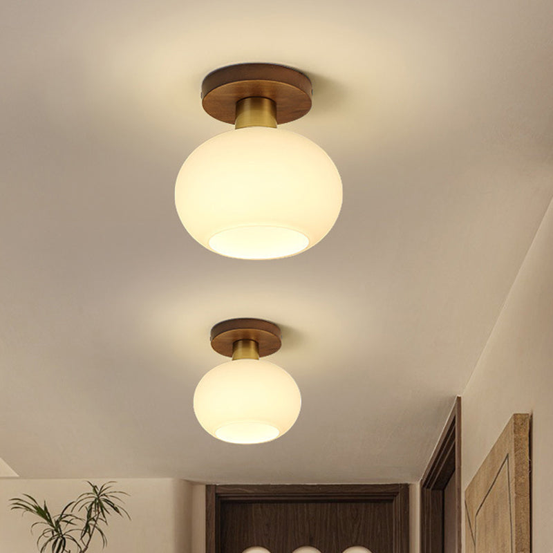 Traditional Chinese Round Orb Glass Walnut Brass 1-Light Semi-Flush Mount Ceiling Light For Bedroom
