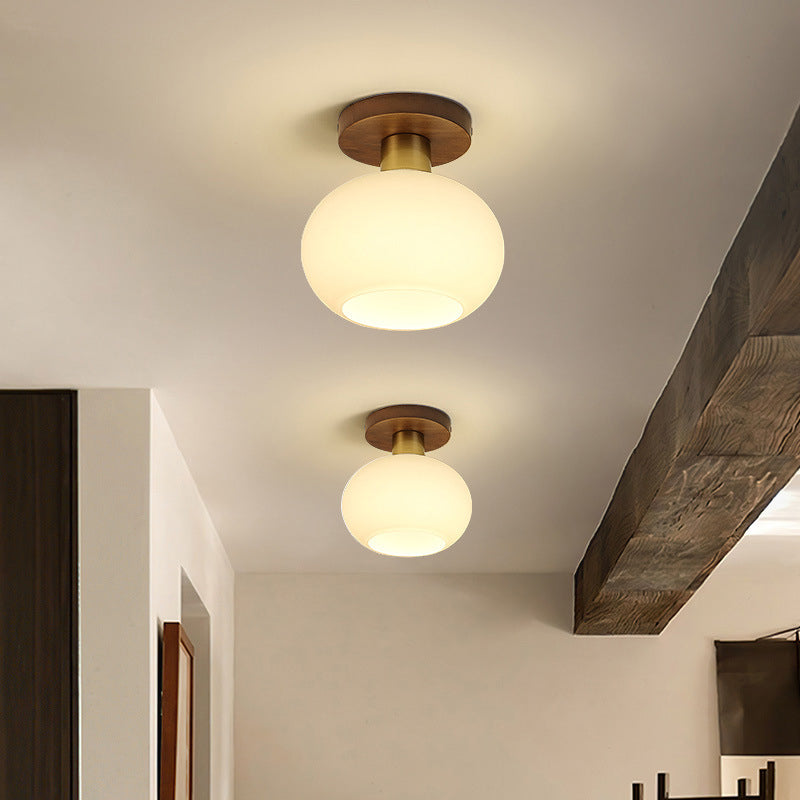 Traditional Chinese Round Orb Glass Walnut Brass 1-Light Semi-Flush Mount Ceiling Light For Bedroom
