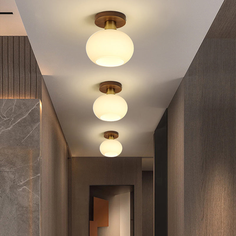 Traditional Chinese Round Orb Glass Walnut Brass 1-Light Semi-Flush Mount Ceiling Light For Bedroom