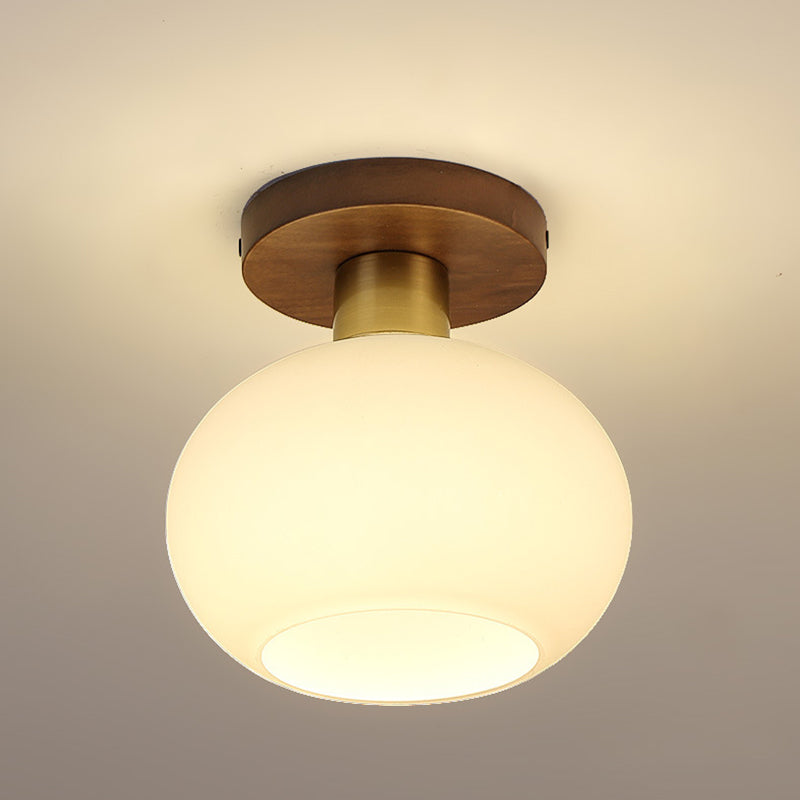 Traditional Chinese Round Orb Glass Walnut Brass 1-Light Semi-Flush Mount Ceiling Light For Bedroom