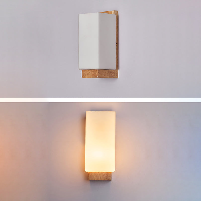 Traditional Japanese Rectangle Glass Wood 1-Light Wall Sconce Lamp For Living Room