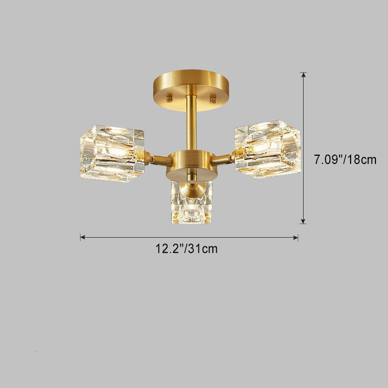 Contemporary Scandinavian Branch Square Round Crystal Brass 3/4/5/6 Light Semi-Flush Mount Ceiling Light For Bedroom