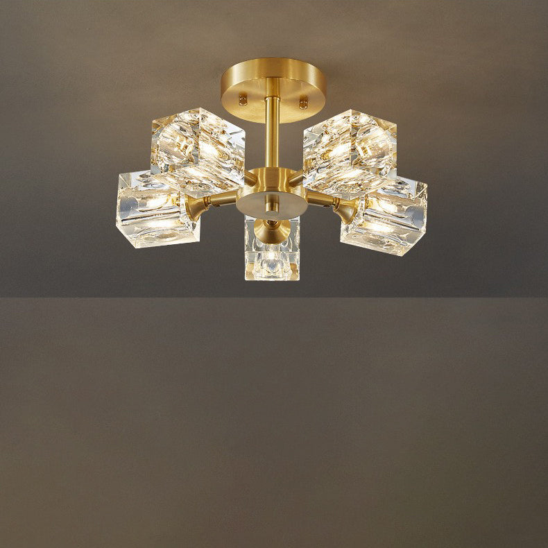 Contemporary Scandinavian Branch Square Round Crystal Brass 3/4/5/6 Light Semi-Flush Mount Ceiling Light For Bedroom
