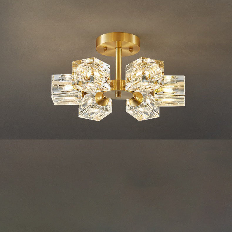 Contemporary Scandinavian Branch Square Round Crystal Brass 3/4/5/6 Light Semi-Flush Mount Ceiling Light For Bedroom