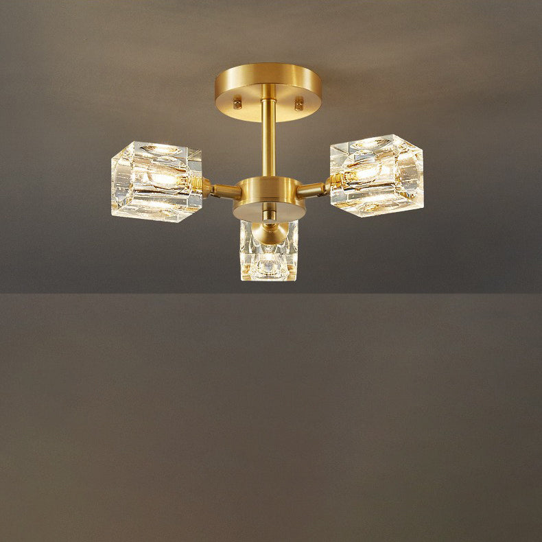 Contemporary Scandinavian Branch Square Round Crystal Brass 3/4/5/6 Light Semi-Flush Mount Ceiling Light For Bedroom
