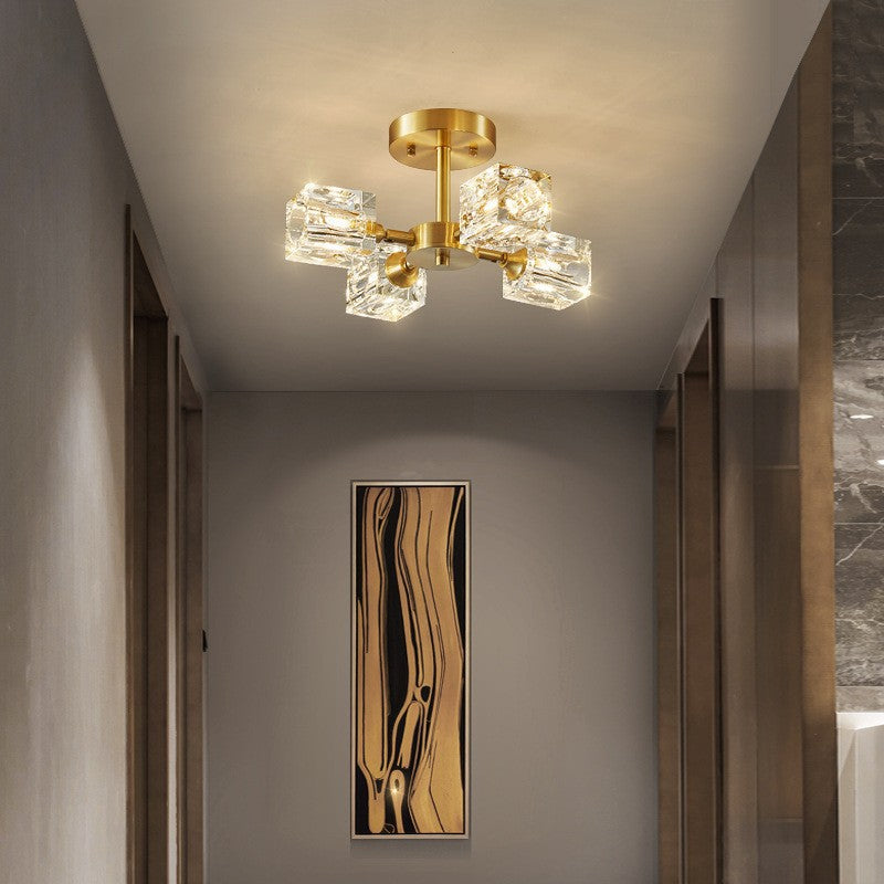 Contemporary Scandinavian Branch Square Round Crystal Brass 3/4/5/6 Light Semi-Flush Mount Ceiling Light For Bedroom