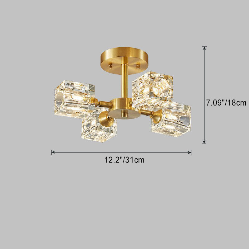 Contemporary Scandinavian Branch Square Round Crystal Brass 3/4/5/6 Light Semi-Flush Mount Ceiling Light For Bedroom