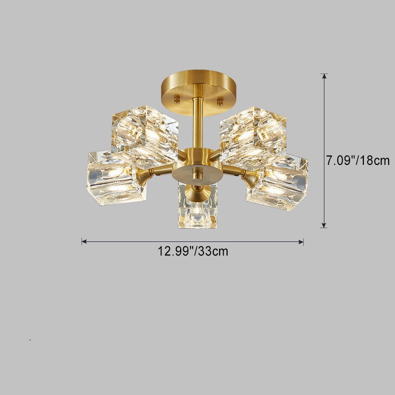 Contemporary Scandinavian Branch Square Round Crystal Brass 3/4/5/6 Light Semi-Flush Mount Ceiling Light For Bedroom