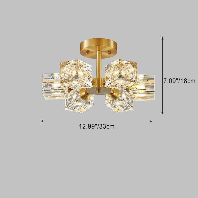 Contemporary Scandinavian Branch Square Round Crystal Brass 3/4/5/6 Light Semi-Flush Mount Ceiling Light For Bedroom