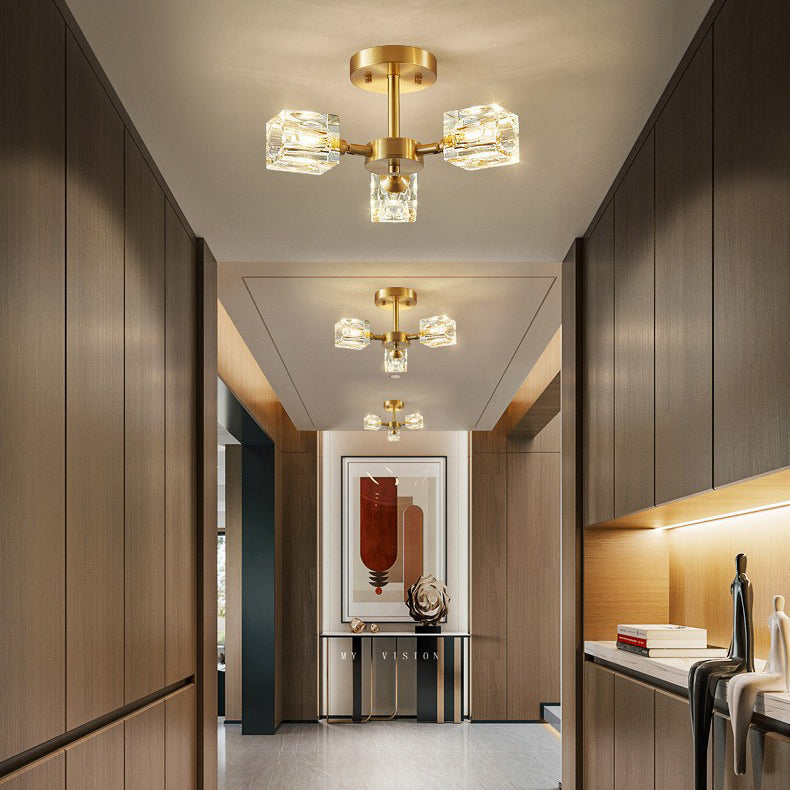 Contemporary Scandinavian Branch Square Round Crystal Brass 3/4/5/6 Light Semi-Flush Mount Ceiling Light For Bedroom