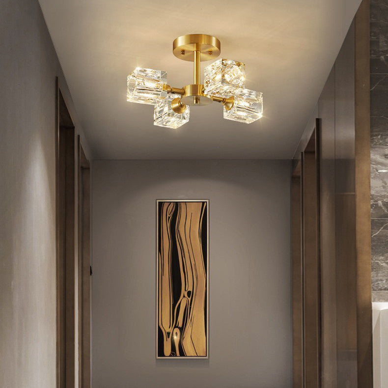 Contemporary Scandinavian Branch Square Round Crystal Brass 3/4/5/6 Light Semi-Flush Mount Ceiling Light For Bedroom