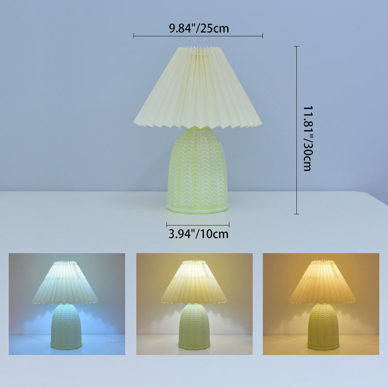 Traditional Vintage Scalloped Cylinder Round Fabric Ceramic LED Table Lamp For Living Room
