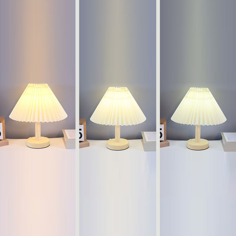 Contemporary Scandinavian Pleated Fan Round Fabric Solid Wood 1-Light Table Lamp For Living Room