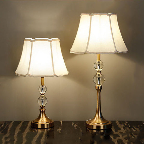 Traditional Chinese Lace Round Orb Fabric Brass 1-Light Table Lamp For Living Room