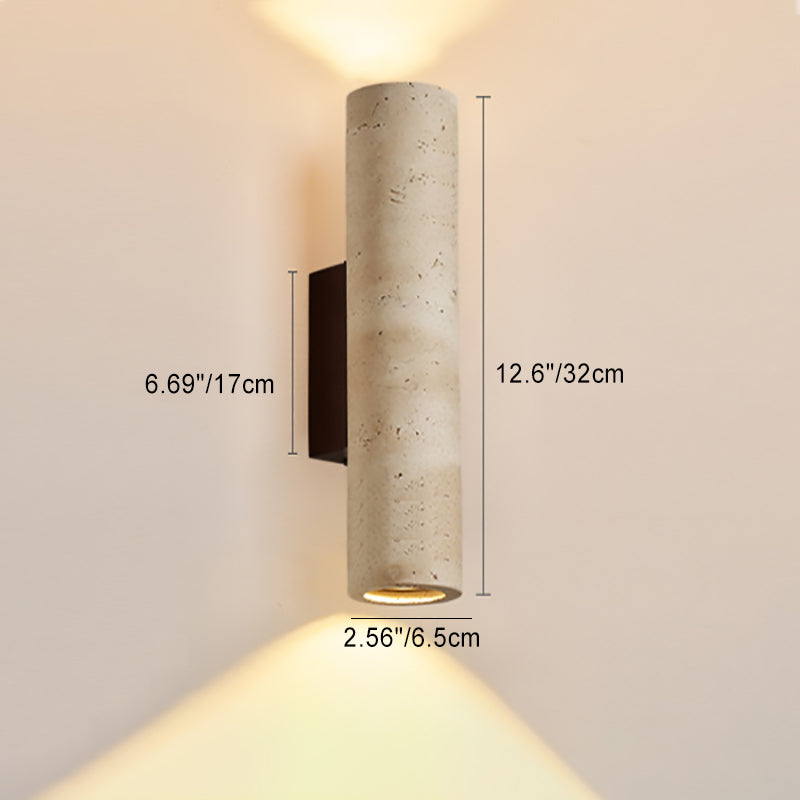 Traditional Japanese Rectangle Cylinder Hollowed Out Yellow Travertine Solid Wood 2-Light Wall Sconce Lamp For Bedroom