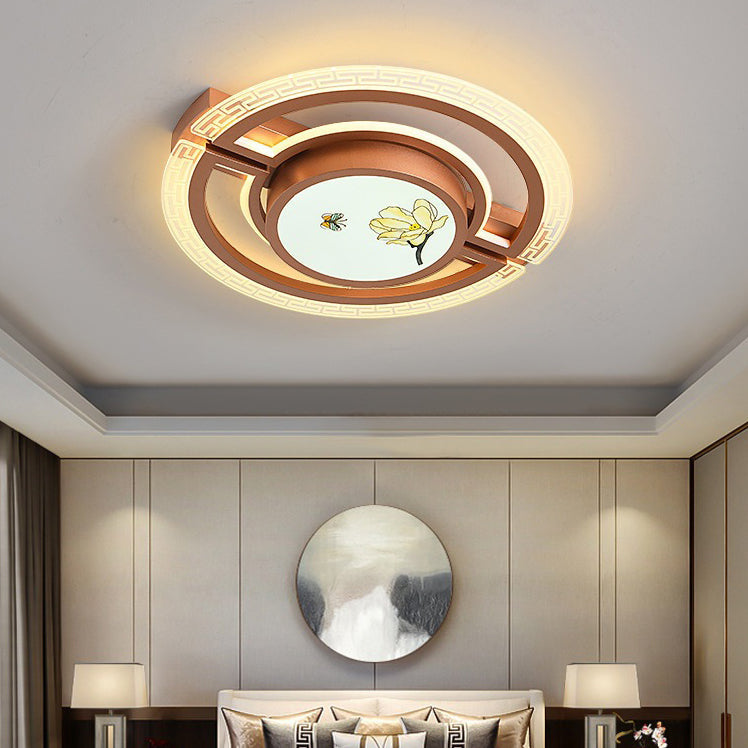 Traditional Chinese Round Square Rectangle Lotus Acrylic Iron Aluminum LED Flush Mount Ceiling Light For Bedroom