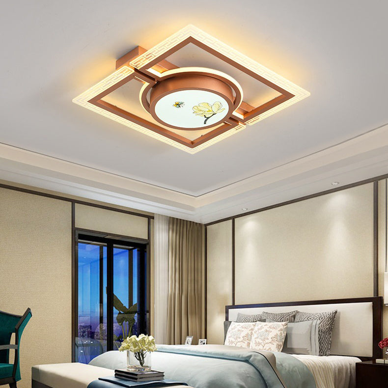 Traditional Chinese Round Square Rectangle Lotus Acrylic Iron Aluminum LED Flush Mount Ceiling Light For Bedroom