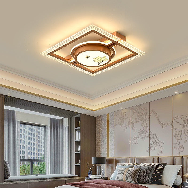 Traditional Chinese Round Square Rectangle Lotus Acrylic Iron Aluminum LED Flush Mount Ceiling Light For Bedroom