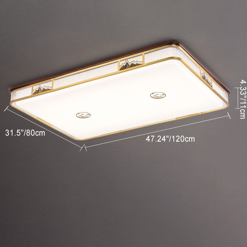Traditional Chinese Square Rectangle Pattern Acrylic Iron Copper LED Flush Mount Ceiling Light For Living Room