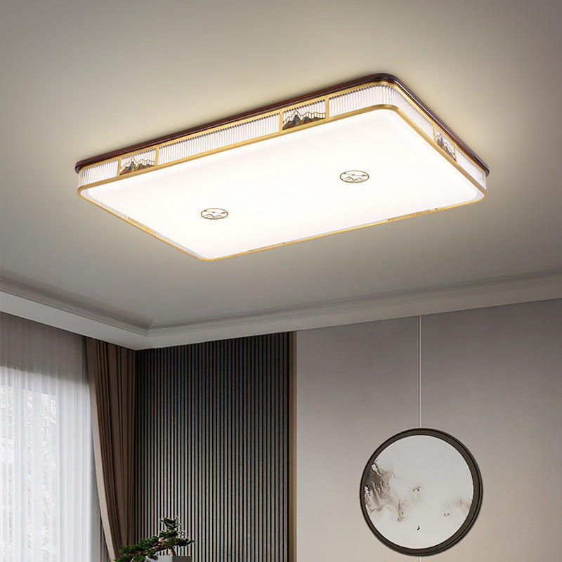 Traditional Chinese Square Rectangle Pattern Acrylic Iron Copper LED Flush Mount Ceiling Light For Living Room