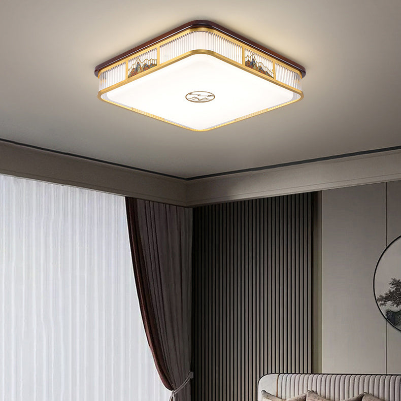 Traditional Chinese Square Rectangle Pattern Acrylic Iron Copper LED Flush Mount Ceiling Light For Living Room