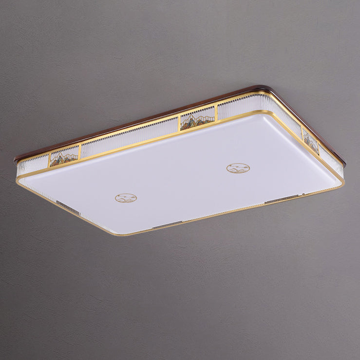 Traditional Chinese Square Rectangle Pattern Acrylic Iron Copper LED Flush Mount Ceiling Light For Living Room