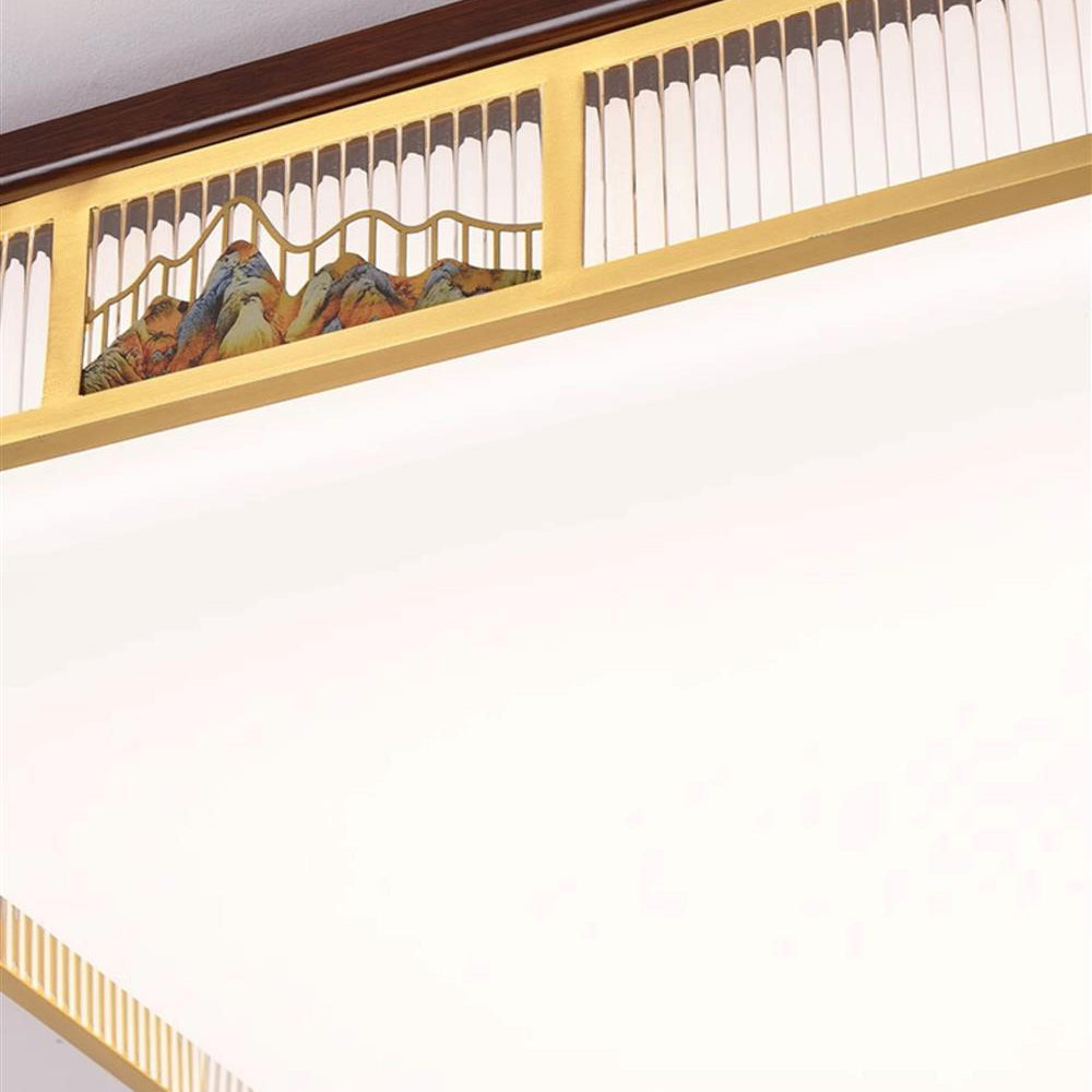 Traditional Chinese Square Rectangle Pattern Acrylic Iron Copper LED Flush Mount Ceiling Light For Living Room