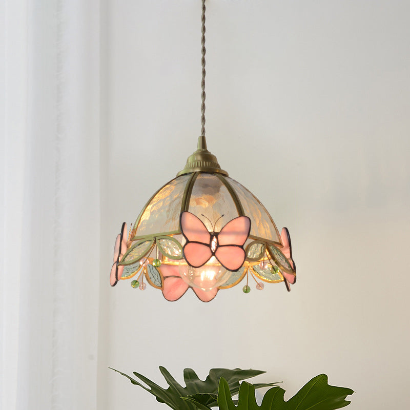 Traditional French Half Round Butterfly Glass Walnut Brass 1-Light Pendant Light For Living Room