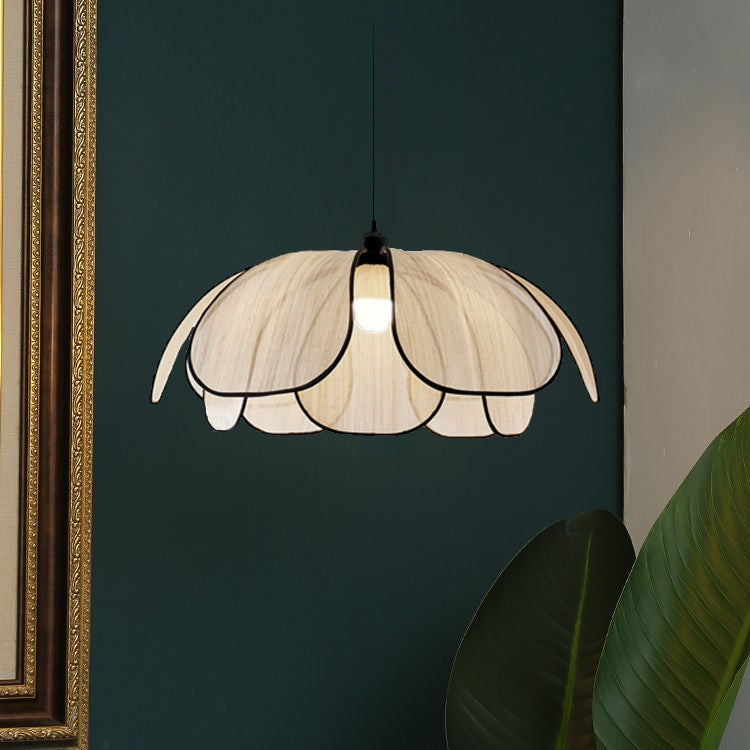 Traditional Japanese Style Petal Round Fabric Metal 1-Light Pendant Light For Living Room