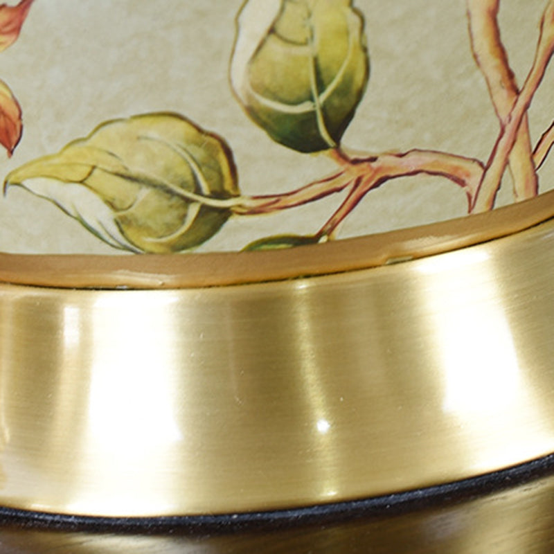 Traditional Chinese Pleated Scalloped Sunflower Double Birds Round Fabric Ceramic 1-Light Table Lamp For Living Room