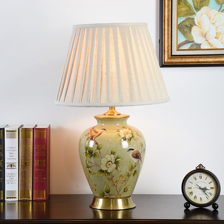 Traditional Chinese Pleated Scalloped Sunflower Double Birds Round Fabric Ceramic 1-Light Table Lamp For Living Room