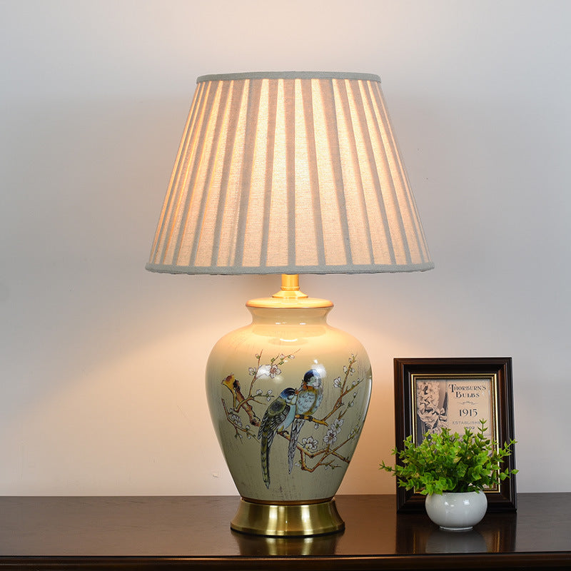 Traditional Chinese Pleated Scalloped Sunflower Double Birds Round Fabric Ceramic 1-Light Table Lamp For Living Room